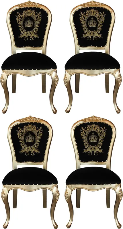 Pompöös di Casa Padrino Sedie da Pranzo Barocco di Lusso con Corona Nero / Oro - Sedie Barocche Pompöös Disegnate da Harald Glööckler - 4 Sedie da Pranzo Highlight