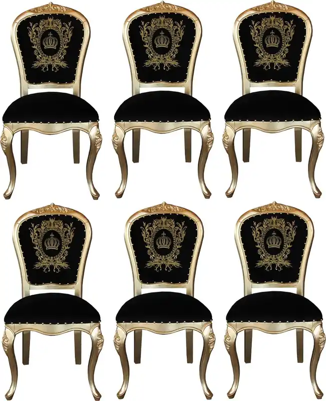 Kracherpreis Pompöös di Casa Padrino Sedie da Pranzo Barocco di Lusso con Corona Nero / Oro - Sedie Barocche Pompöös Disegnate da Harald Glööckler - 6 Sedie da Pranzo