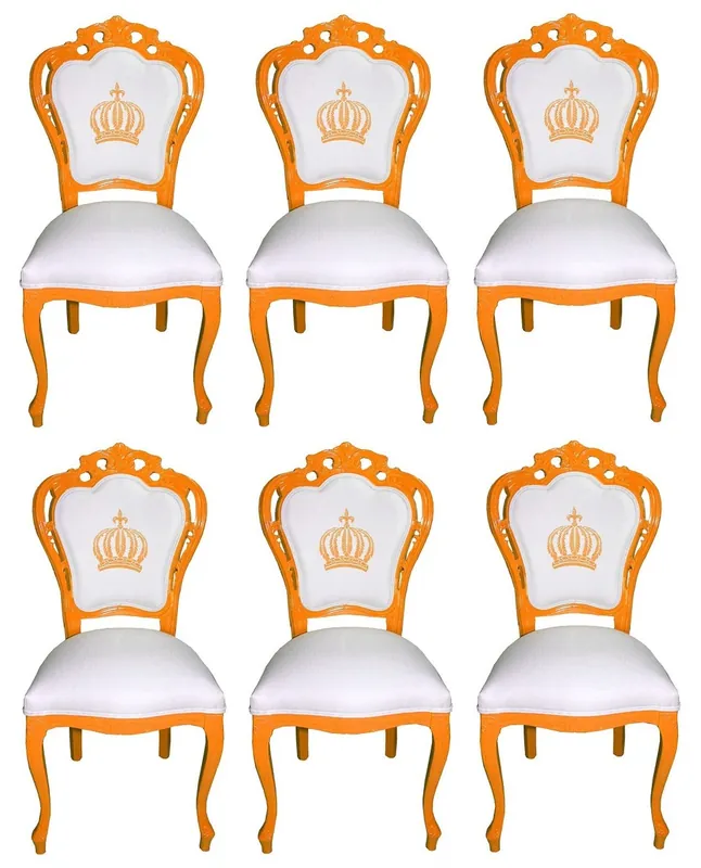 Neue Ware Pompöös di Casa Padrino Sedie da Pranzo Barocco di Lusso Bianco / Arancione - Sedie Barocche Pompöös Disegnate da Harald Glööckler - 6 Sedie da Pranzo - Mobili da Sala Barocchi