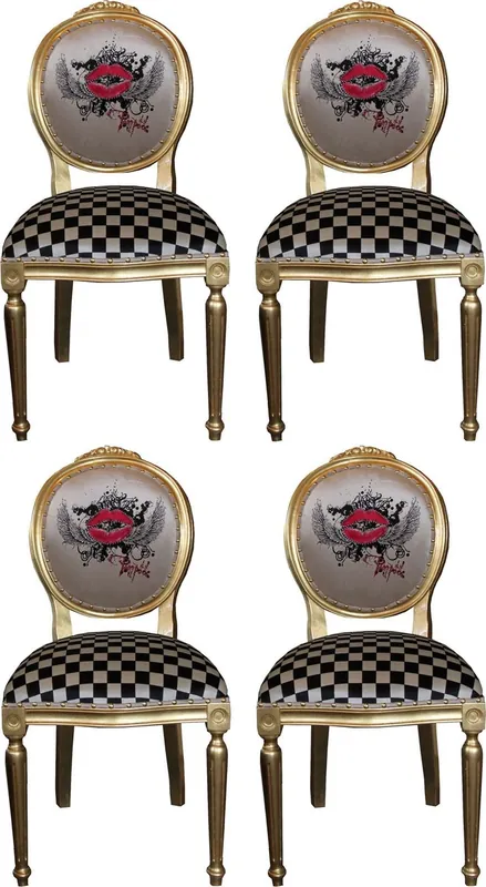Must-Have Pompöös di Casa Padrino Sedie da Pranzo Barocco di Lusso Labbra Rosse Crema / Plaid / Oro - Sedie Barocche Pompöös Disegnate da Harald Glööckler - 4 Sedie da Pranzo