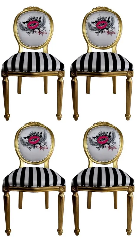 Pompöös di Casa Padrino Sedie da Pranzo Barocco di Lusso Labbra Rosa Strisce Nero / Bianco / Oro - Sedie Barocche Pompöös Disegnate da Harald Glööckler - 4 Sedie da Pranzo Billig