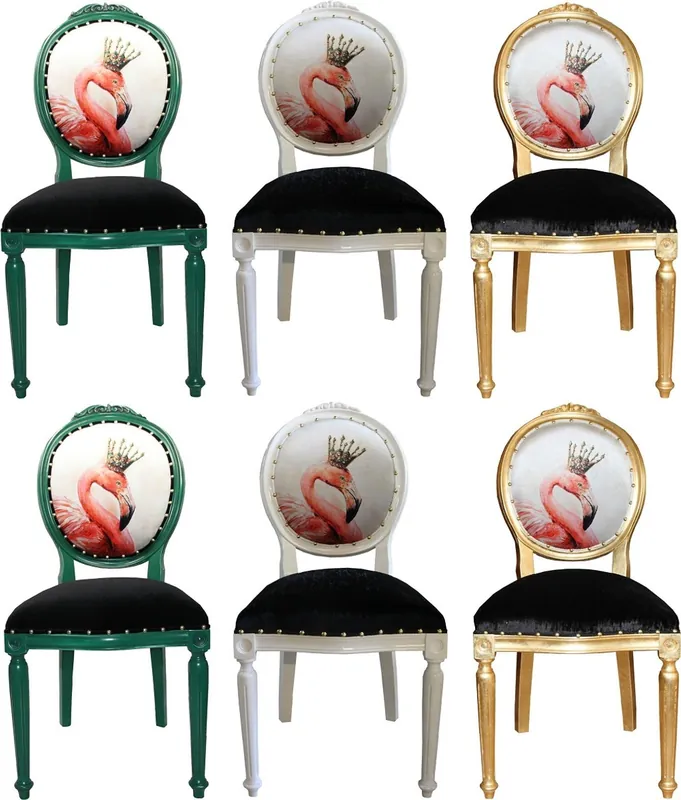 Casa Padrino Set di Sala da Pranzo Barocco di Lusso Fenicottero con Corona Verde / Bianco / Oro 48 x 50 x H. 98 cm - 6 Sedie da Pranzo Fatte a Mano con Strass Bling Bling - Arredamento Barocco Sala da Pranzo Saisonangebot