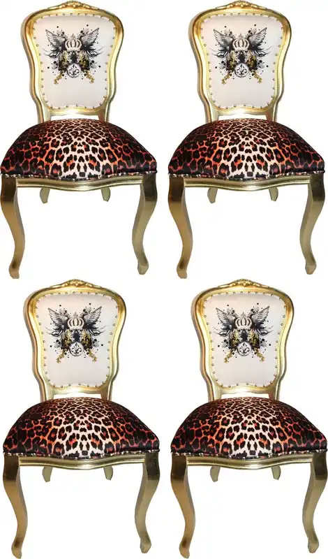 Pompöös di Casa Padrino Sedie da Pranzo Barocco di Lusso Corona Glitterata e Ali d'Angelo leopardo / bianco / oro 50 x 60 x H.104 cm - Sedie Barocche Pompöös Disegnate da Harald Glööckler - 4 Sedie da Pranzo Echt