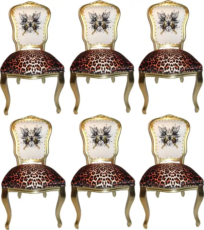Markenware Pompöös di Casa Padrino Sedie da Pranzo Barocco di Lusso Corona Glitterata e Ali d'Angelo leopardo / bianco / oro 50 x 60 x H.104 cm - Sedie Barocche Pompöös Disegnate da Harald Glööckler - 6 Sedie da Pranzo