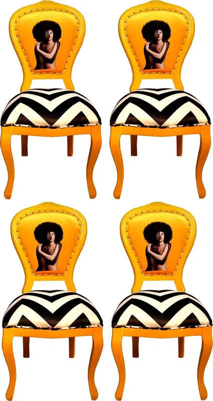 Casa Padrino Set di Sala da Pranzo Barocco di Lusso Nero / Bianco Strisce / Giallo 55 x 54 x H. 103 cm - 4 Sedie da Pranzo di Design Fatte a Mano - Arredamento Barocco Sala da Pranzo Super-Preis