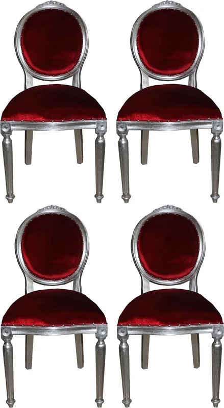 Casa Padrino Set di Sala da Pranzo Barocco di Lusso Medaglione Rosso Bordeaux / Argento 50 x 52 x H. 99 cm - 4 Sedie da Pranzo Fatte a Mano - Arredamento Barocco Sala da Pranzo Finale Aktion