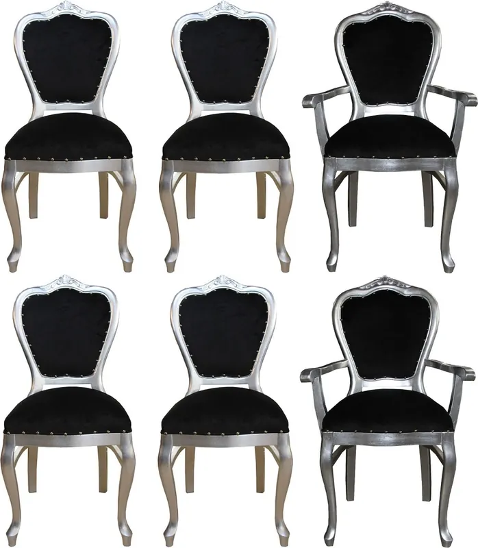 Casa Padrino Set di Sedie da Pranzo Barocco di Lusso Nero / Argento - 6 Sedie da Pranzo Fatte a Mano - 2 Sedie con Braccioli e 4 Sedie Senza Braccioli - Arredamento Barocco Sala da Pranzo Top-Preis