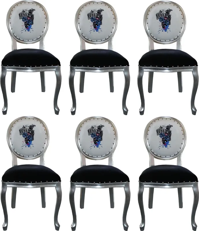 Pompöös di Casa Padrino Sedie da Pranzo Barocco di Lusso Nero / Bianco / Argento 50 x 60 x H. 104 cm - Sedie Barocche Pompöös Disegnate da Harald Glööckler - 6 Sedie da Pranzo Jetzt Kaufen