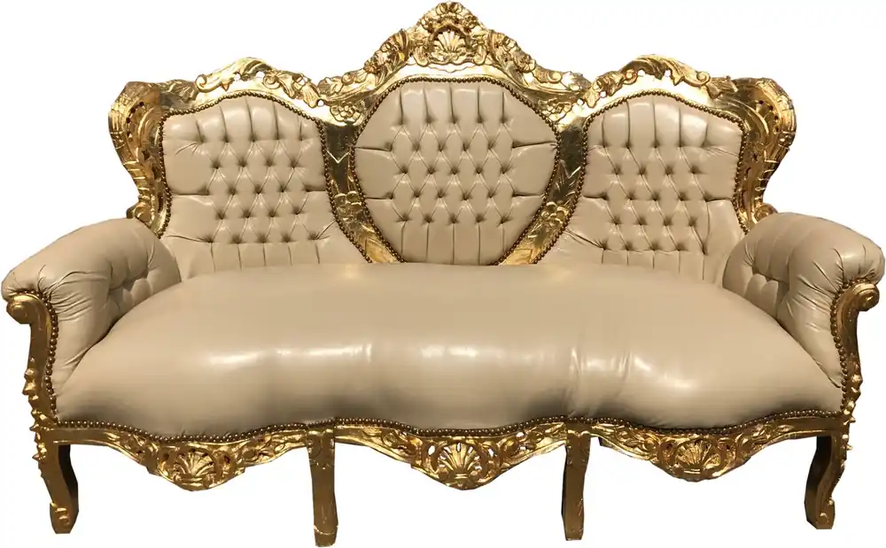 Divano letto 3 posti in pelle stile panna Casa Padrino Barocco / oro - Soggiorno divano Preisknaller