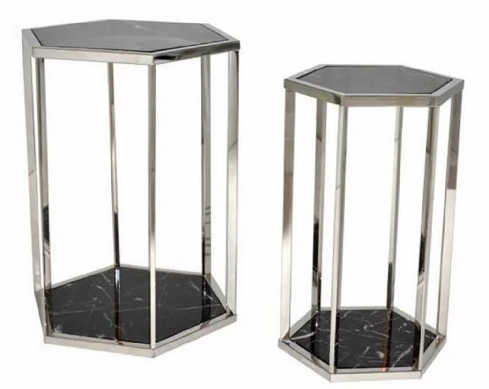Casa Padrino set di tavolino da salotto di lusso argento / nero - Tavoli in Acciaio Inox con Lastre in Marmo - Collezione di Lusso Neu Im Sortiment