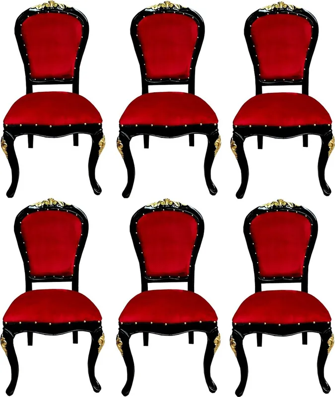 Casa Padrino Set Sedie da Pranzo Barocco di Lusso Rosso Bordeaux / Nero / Oro 50 x 50 x H. 110 cm - 6 Sedie da Pranzo in Legno Massello Fatte a Mano con Velluto - Mobili da Sala Barocchi Versand Am Gleichen Tag