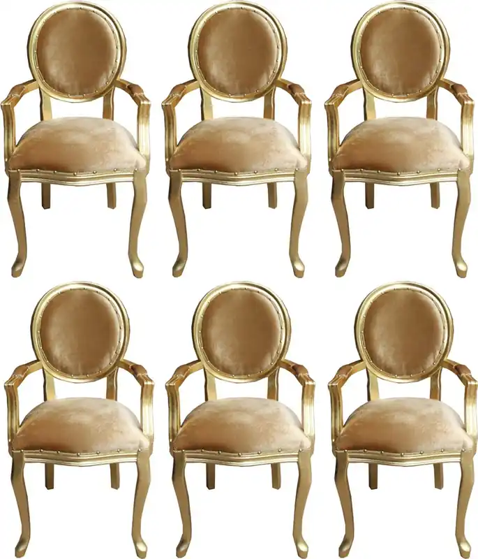 Casa Padrino Set di Sala da Pranzo Barocco di Lusso Medaglione Oro / Oro 58 x 54 x H. 103 cm - 6 Sedie da Pranzo Fatte a Mano con Braccioli - Mobili Barocchi Markenware