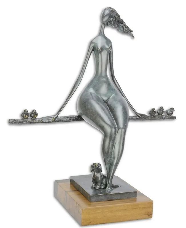 Casa Padrino figura di bronzo di design rilassante donna blu / oro / naturale 52,2 x 23,8 x H. 55,6 cm - Scultura in Bronzo di Lusso con Base in Legno Sonderangebot