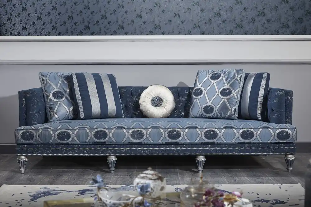 Casa Padrino Divano Chesterfield Barocco di Lusso Blu Scuro / Blu Brillante / Argento 250 x 92 x H. 85 cm - Mobili Soggiorno Barocchi Jetzt Bestellen