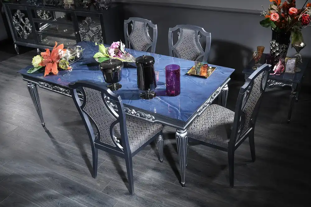 Markenware Casa Padrino set da pranzo barocco di lusso blu / grigio / argento - Tavolo da Pranzo e 4 Sedie da Pranzo - Mobili Sala da Pranzo Barocchi