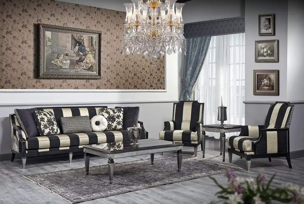 Casa Padrino set da salotto barocco di lusso nero / oro / argento - 1 Divano e 2 Poltrone e 1 Tavolino da Caffè e 1 Tavolini Laterali - Mobili in Stile Barocco Jetzt Kaufen