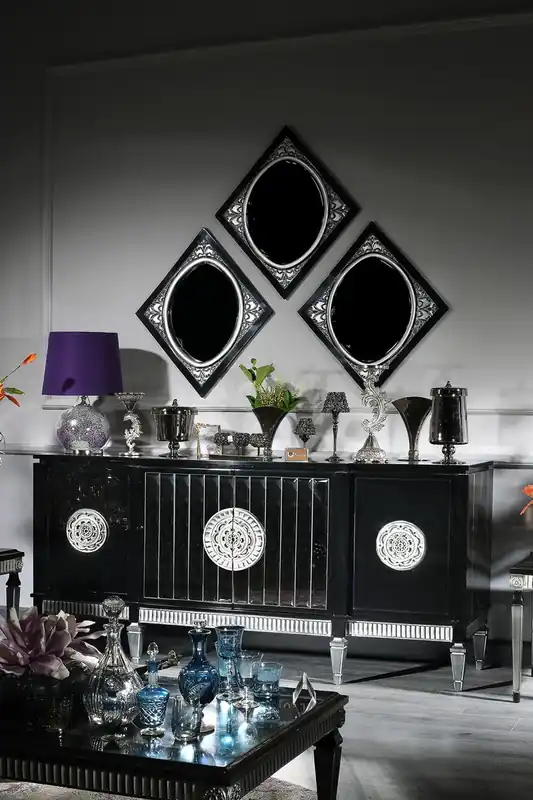 Finale Aktion Casa Padrino set da salotto barocco di lusso nero / argento - Cabinet Soggiornoe 3 Specchi - Mobili Barocchi