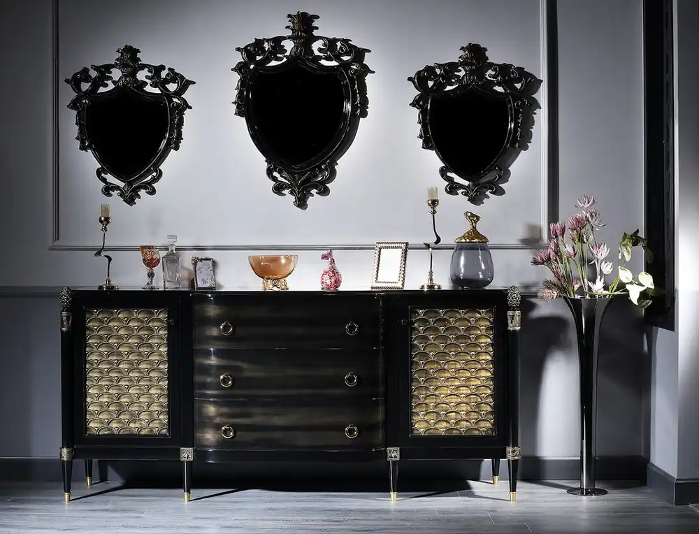 Top-Seller Casa Padrino set da salotto barocco di lusso nero / oro - Cassettone e 3 Specchi da Parete - Mobili Barocchi