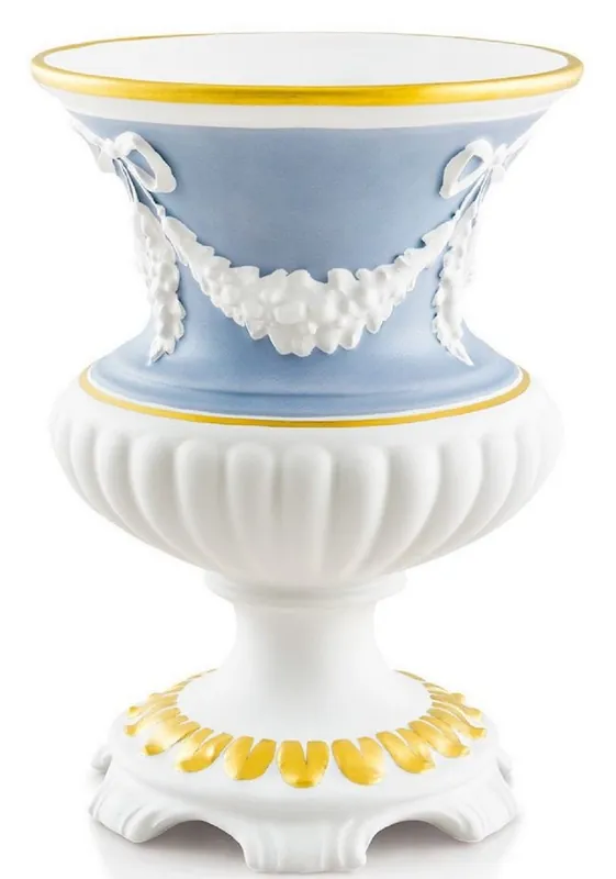 Markenware Casa Padrino vaso barocco bianco / azzurro chiaro / oro Ø 21 x H. 29 cm - Vaso Floreale Rotondo in Ceramica Barocco - Deco in Stile Barocco