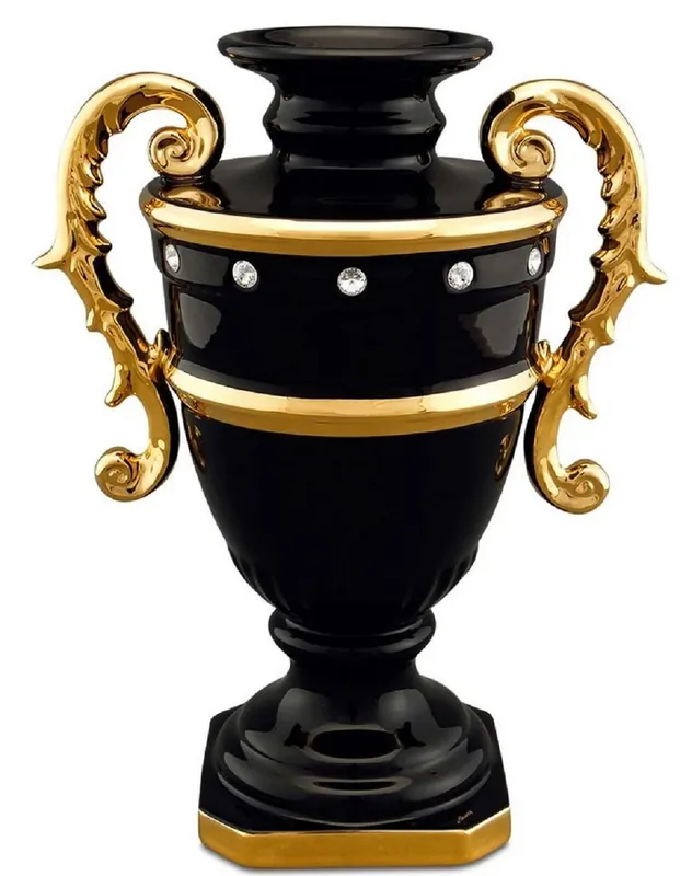 Saisonangebot Casa Padrino Vaso Barocco Nero / Oro 26 x 18 x H. 36 cm - Sontuoso Vaso da Fiori in Ceramica con Cristallo Swarovski