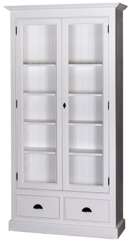 Highlight Casa Padrino vetrina soggiorno stile country bianco 109 x 39 x H. 210 cm - Mobile Soggiorno con 2 Ante in Vetro e 2 Cassetti
