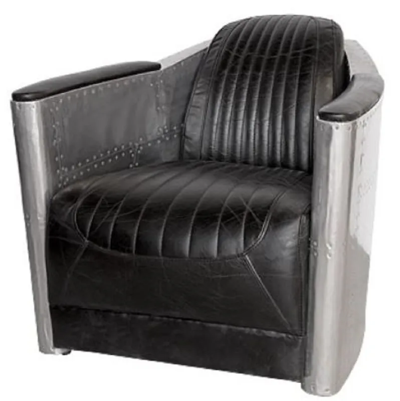Sichere Zahlung Casa Padrino Poltrona Art Déco in Alluminio e Vera Pelle Nero / Argento 74,5 x 94 x H. 78 cm - Poltrona Club - Poltrona Lounge - Mobili da Aviatore per Aereo
