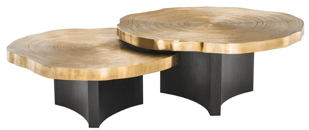 Casa Padrino set di tavolo da salotto di lusso ottone / nero - Lussuoso Tavoli da Salotto con Piatti da Tavolo in Fettine di Albero Disegno Highlight
