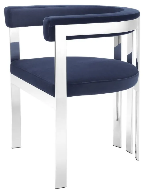 Angebot Casa Padrino sedia da pranzo di lusso con braccioli blu notte / argento 61 x 56 x H. 73 cm - Sedia da Cucina in Acciaio Inossidabile con Tessuto in Velluto Pregiato - Mobili da Cucina di Lusso