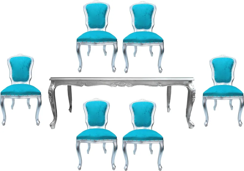 Casa Padrino Set di Sala da Pranzo Barocco di Lusso Turchese / Argento - 1 Tavolo da Pranzo con Piano in Vetro e 6 Sedie da Pranzo - Made in Italy - Collezione di Lusso Bestseller