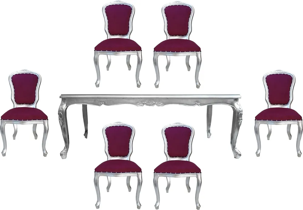 Casa Padrino Set di Sala da Pranzo Barocco di Lusso Porpora / Argento - 1 Tavolo da Pranzo con Piano in Vetro e 6 Sedie da Pranzo - Made in Italy - Collezione di Lusso Super-Preis