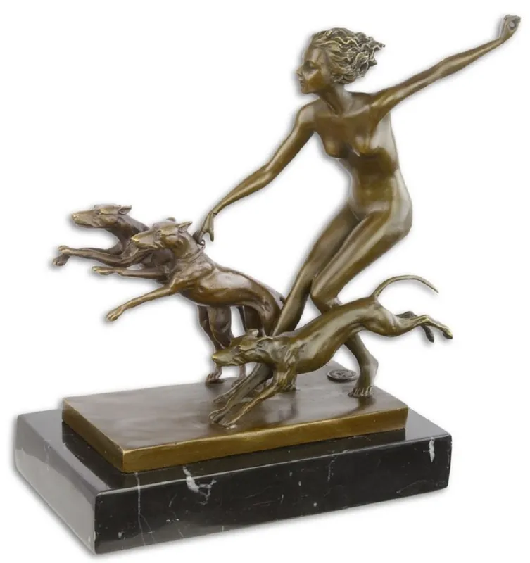 Casa Padrino scultura in bronzo di lusso donna con 3 cani bronzo / oro / nero 21,8 x 10,8 x H. 22,9 cm - Figura in Bronzo con Base in Marmo - Figura Deco Neue Kollektion