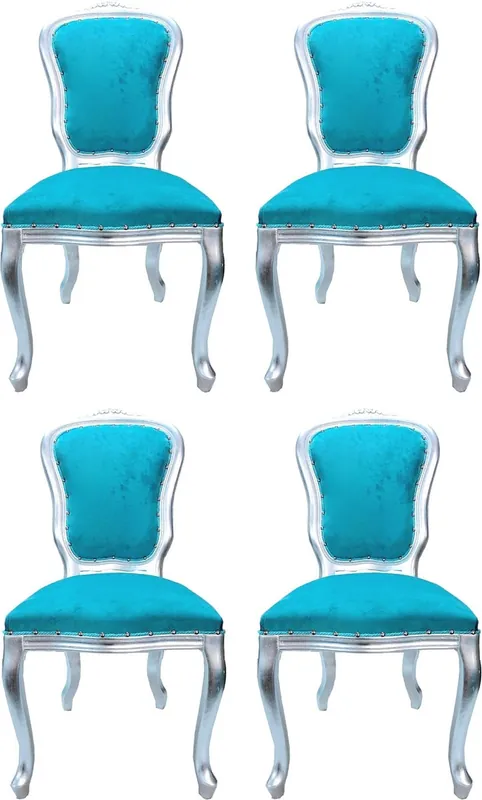 Heißes Angebot Casa Padrino Set di Sala da Pranzo Barocco di Lusso Louis Turchese / Argento 50 x 60 x H. 104 cm - 4 Sedie da Pranzo fatte a Mano - Mobili per Sala da Pranzo Barocco - Fatto in Italia