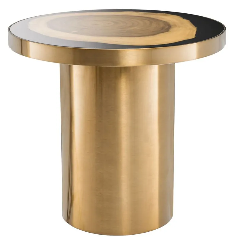 Casa Padrino tavolino di lusso ottone / nero / marrone Ø 55 x H. 51 cm - Tavolo Rotondo in Acciaio Inossidabile con Disco in legno Suar - Mobili di Lusso Markenprodukt