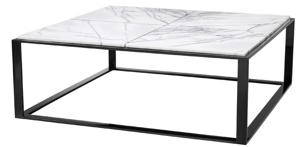 Markenware Casa Padrino tavolino da caffè di lusso nero lucido / bianco-porpora 100 x 100 x H. 35 cm - Tavolo da Salotto in Acciaio Inossidabile con Piano in Marmo - Mobili da Soggiorno di Lusso