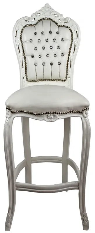 Casa Padrino sedia da bar barocco con similpelle e strass crema / bianco 60 x 55 x H. 146 cm - Seggiolone Fatto a Mano - Sgabello da Bar - Mobile Bar Barocco Top-Seller