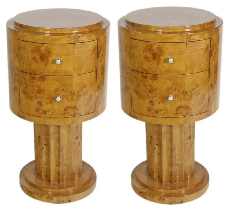 Schnäppchen Casa Padrino Set di Tavolino Art Déco Marrone Chiaro Ø 40 x H. 75 cm - Tavolini in Legno di Radice Rotonda con 2 Cassetti - Qualità di Lusso