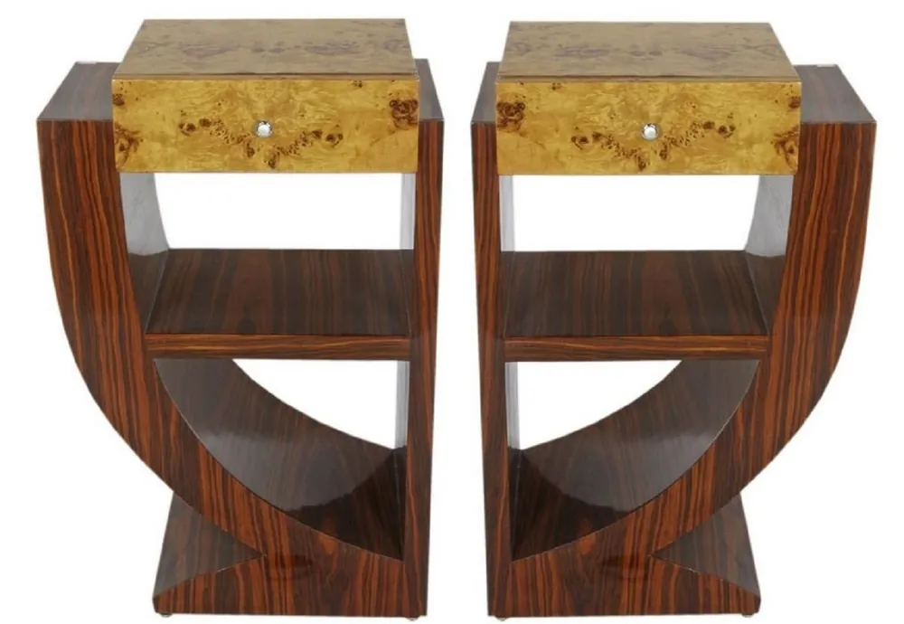Begrenztes Angebot Casa Padrino Set di Tavolino Art Déco Marrone / Marrone Chiaro 50 x 40 x H. 75 cm - Tavolini in Mogano e Legno di Radice con Cassetto - Comodini - Qualità di Lusso