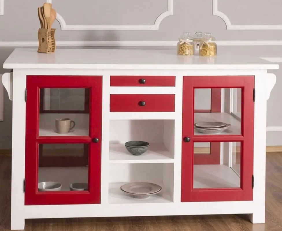 Kracherpreis Casa Padrino isola da cucina in stile country bianco / rosso 150 x 90 x A. 90 cm - Armadietto da cucina in legno massello con 4 porte in vetro e 4 cassetti - Mobili da Cucina in Stile Country
