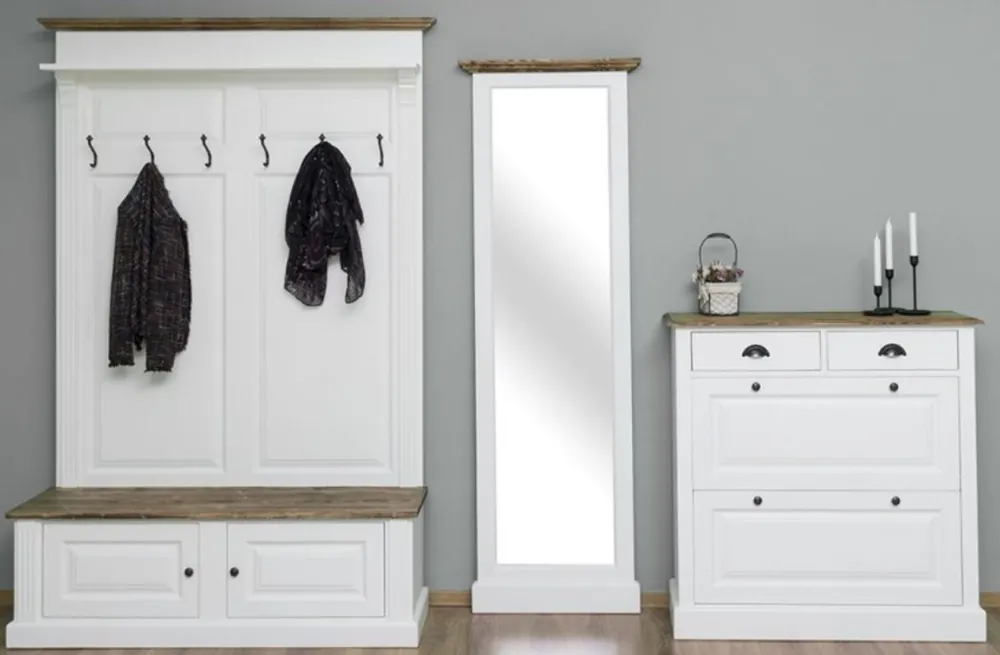 Casa Padrino set di mobili per guardaroba in stile country in legno massello bianco / marrone - Armadio Guardaroba - Specchio - Armadio Scarpiera - Mobile Guardaroba Stile Country Saisonangebot