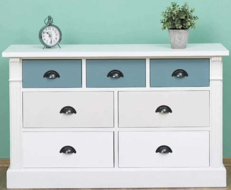 Super-Preis Casa Padrino cassettone in stile country con 7 cassetti bianco / crema / azzurro 122 x 41 x A. 75 cm - Mobili in Legno Massello