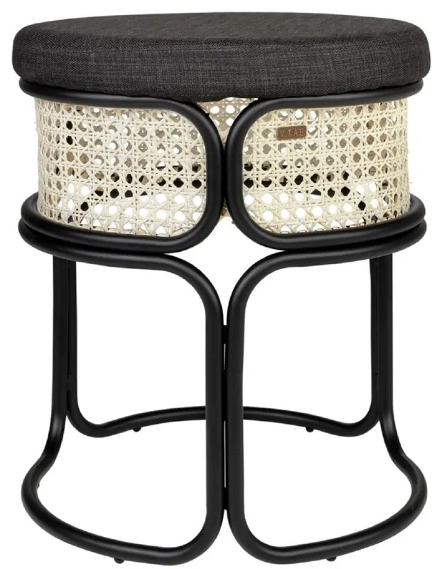Bestseller Casa Padrino sgabello di design nero / naturale Ø 40,5 x A. 49 cm - Sgabello rotondo imbottito con intreccio di rattan fine e struttura in acciaio verniciato a polvere