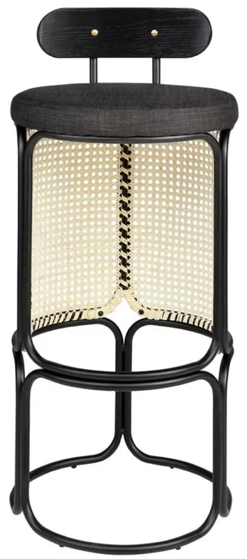 Casa Padrino sedia da bar di design con schienale nero / naturale Ø 40,5 x A. 90 cm - Sgabello da bar rotondo imbottito con intreccio di rattan fine e struttura in acciaio verniciato a polvere Wochenendangebot