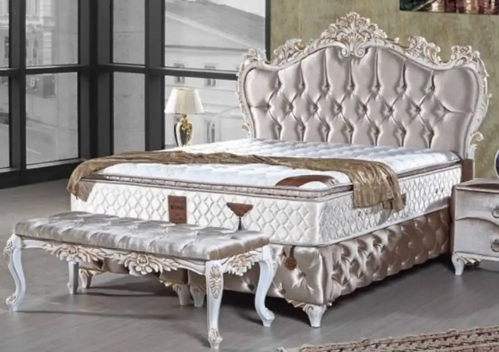 Mega-Angebot Casa Padrino letto matrimoniale barocco argento / bianco / oro - Letto in velluto decorato con strass e materasso - Mobili per Camera da Letto in Stile Barocco