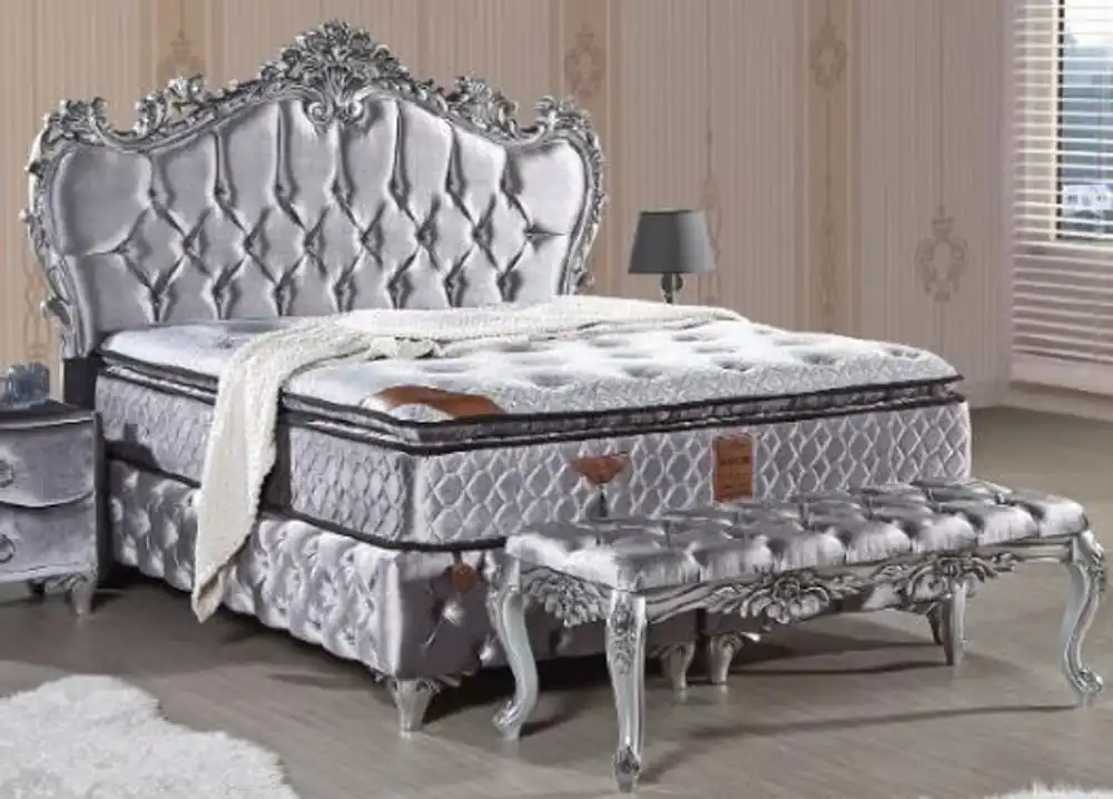 Casa Padrino letto matrimoniale barocco argento - Letto in velluto decorato con strass e materasso - Mobili per Camera da Letto Barocco Expressversand