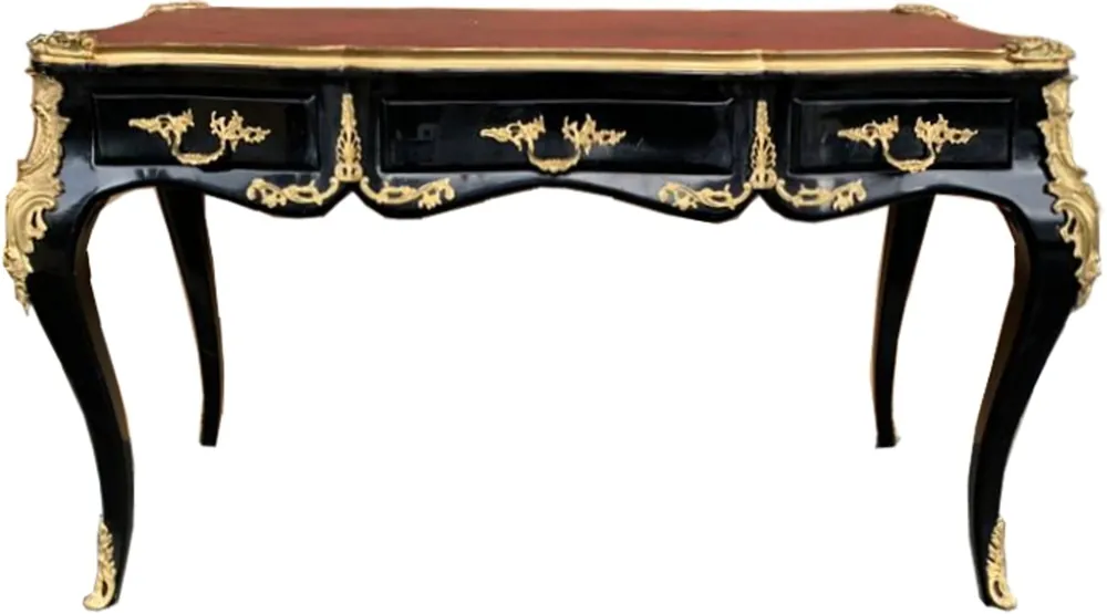 Lussuosa scrivania barocca di Casa Padrino con 3 cassetti e applicazione in metallo massiccio nero / oro / bordeaux 141 cm - segretario barocco Garantierte Lieferung