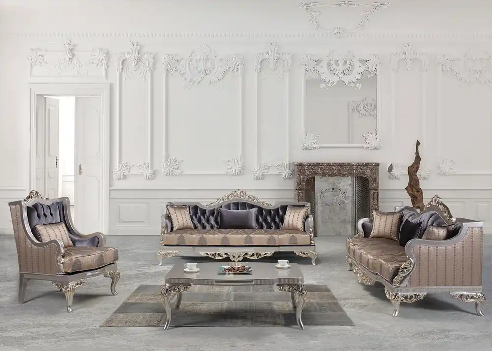 Neuheit Casa Padrino set da soggiorno barocco di lusso viola / beige / argento / oro - 2 Divani e 2 Poltrone e 1 Tavolino - Mobili da soggiorno in stile barocco - Nobili e Ornato