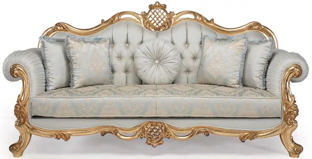 Casa Padrino divano da salotto barocco di lusso con cuscini decorativi azzurro / turchese / oro 222 x 82 x A. 120 cm - Mobile da Soggiorno Barocco Sale