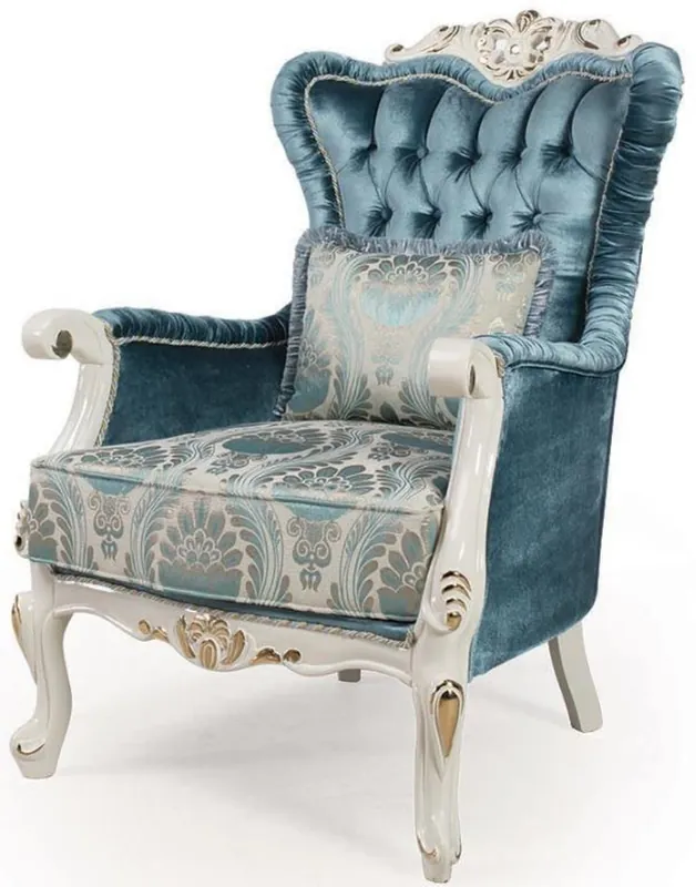 Casa Padrino poltrona da salotto barocco di lusso con cuscino blu / bianco / oro 87 x 76 x A. 115 cm - Mobili Barocchi - Nobile e Ornato Preisreduziert