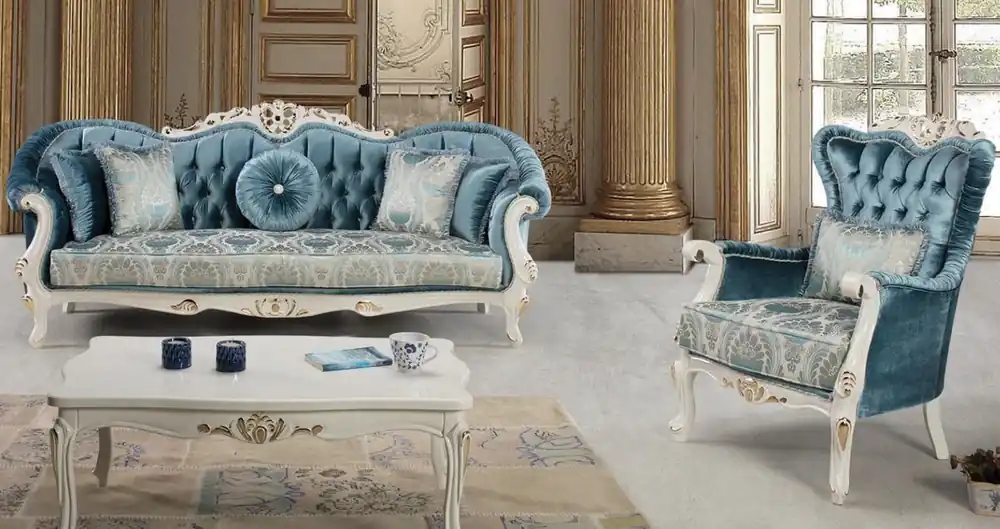 Casa Padrino set da soggiorno barocco di lusso blu / bianco / oro - 2 Divani e 2 Poltrone e 1 Tavolino - Mobili da Salotto Ornato in Stile Barocco Super-Preis