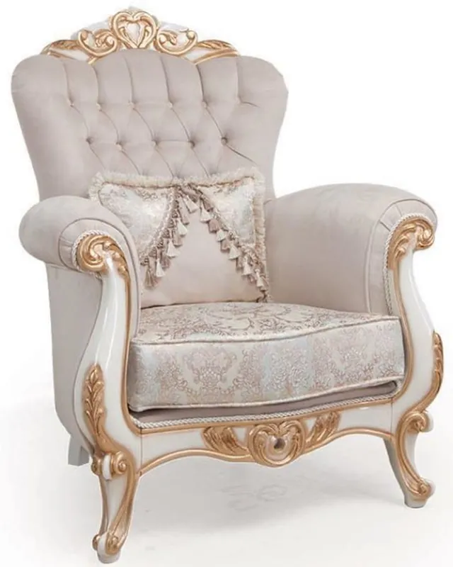 Markenware Casa Padrino poltrona da salotto barocco di lusso con cuscino grigio chiaro / bianco / bronzo 95 x 75 x A. 120 cm - Mobili in Stile Barocco